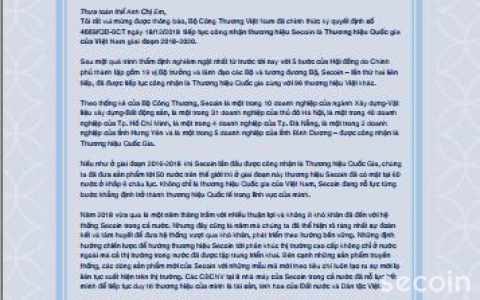 Thư ngỏ của Chủ tịch Secoin Thương hiệu Quốc gia 2018-2020